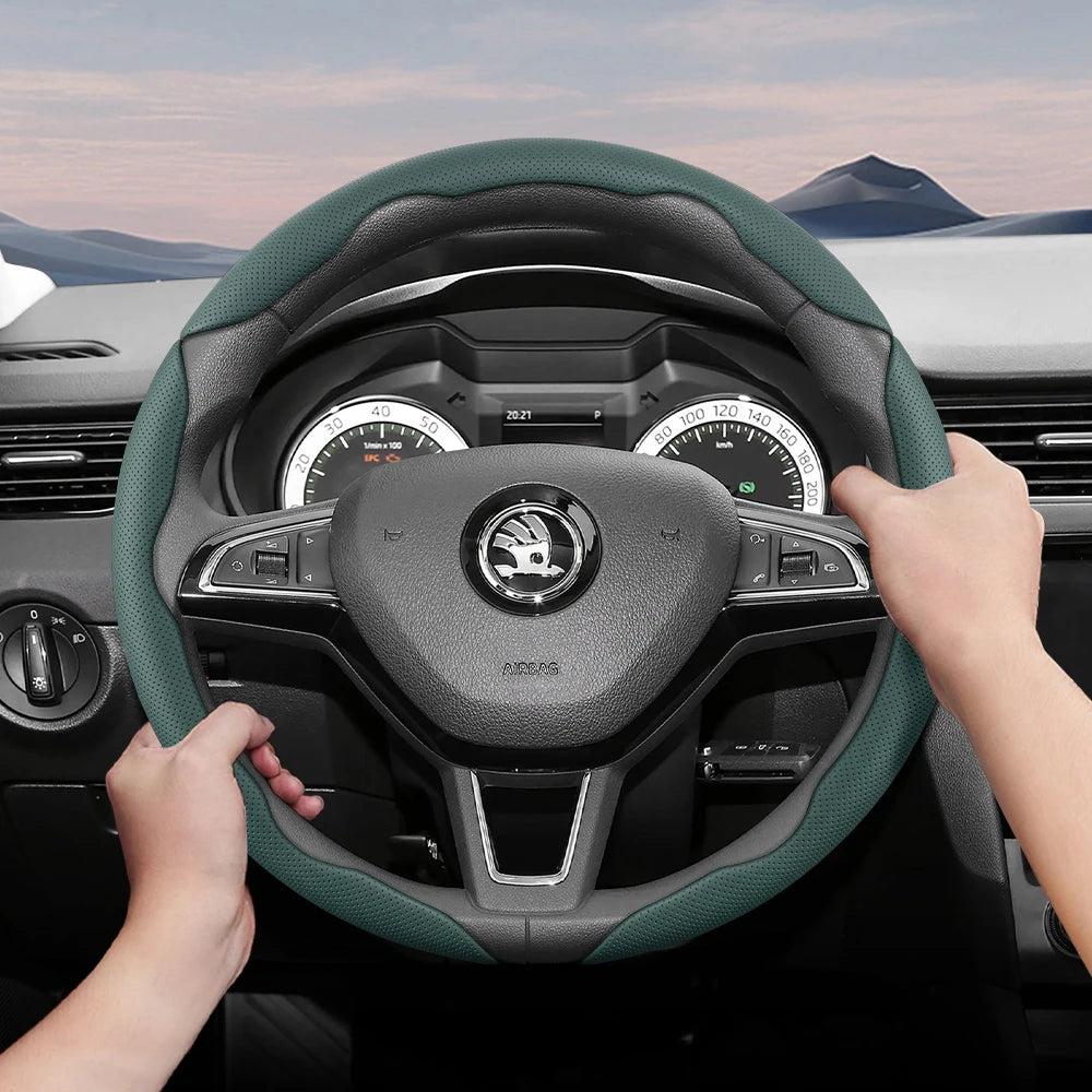 مناسب لـ Skoda غطاء عجلة قيادة من الجلد المسامي بتصميم مقطع سريع التحرير، مضاد للانزلاق ومتين، لسيارات Octavia Rapid Kodiaq Karoq Fabia Superb Kamiq Citigo Scala Combi Kylaq Kushag Slavia Black