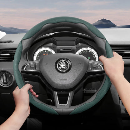 مناسب لـ Skoda غطاء عجلة قيادة من الجلد المسامي بتصميم مقطع سريع التحرير، مضاد للانزلاق ومتين، لسيارات Octavia Rapid Kodiaq Karoq Fabia Superb Kamiq Citigo Scala Combi Kylaq Kushag Slavia Black