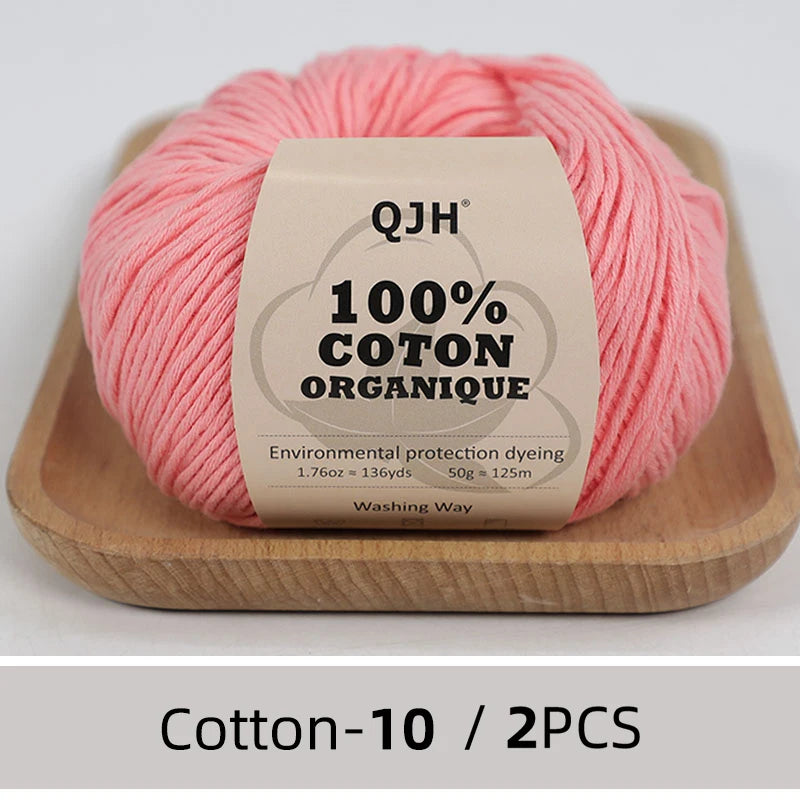 QJH Fil 100% coton biologique, fil pour tricoter, crochet et artisanat, paquet de 2 - 1,76 oz/136 mètres/1 pièce, léger, Dk