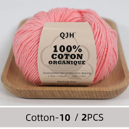 QJH Fil 100% coton biologique, fil pour tricoter, crochet et artisanat, paquet de 2 - 1,76 oz/136 mètres/1 pièce, léger, Dk