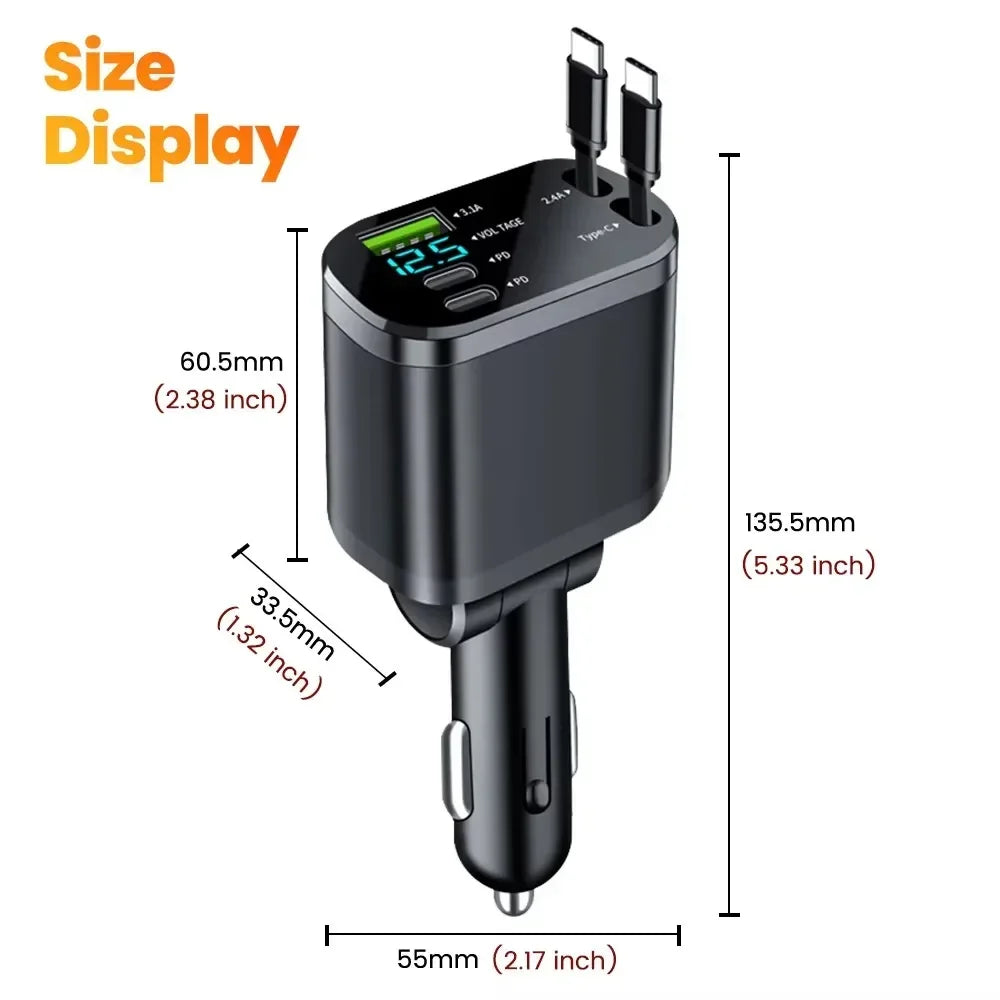 Chargeur de voiture 5 en 1 150W, affichage de la tension PD30W, charge Super rapide 22.5W avec câble rétractable pour IPhone Xiaomi Samsung
