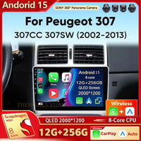 Autoradio Android 15 pour Peugeot 307 CC 307CC 307SW 2002 - 2013 sans fil Carplay Android Auto stéréo lecteur multimédia 4G 2 Din