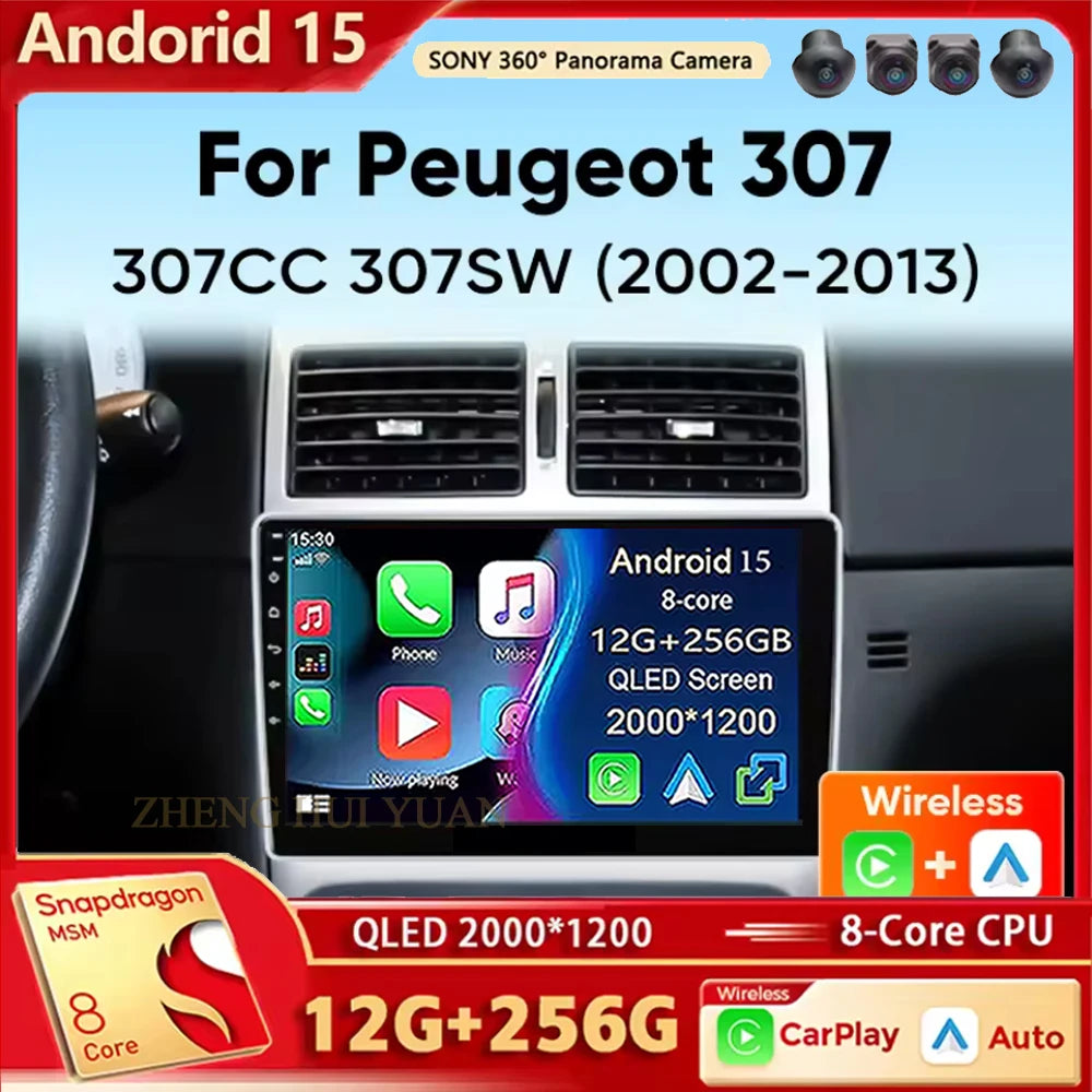 Autoradio Android 15 pour Peugeot 307 CC 307CC 307SW 2002 - 2013 sans fil Carplay Android Auto stéréo lecteur multimédia 4G 2 Din