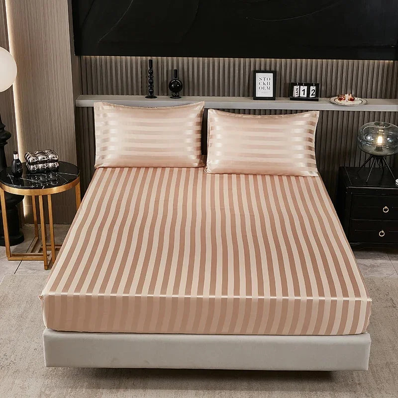 Satin-injFitted-طقم ملاءات سرير كوين، رمادي، ناعم، مبرد، جيب عميق، أطقم مفروشات، مخطط، سادة، غطاء مرتبة
