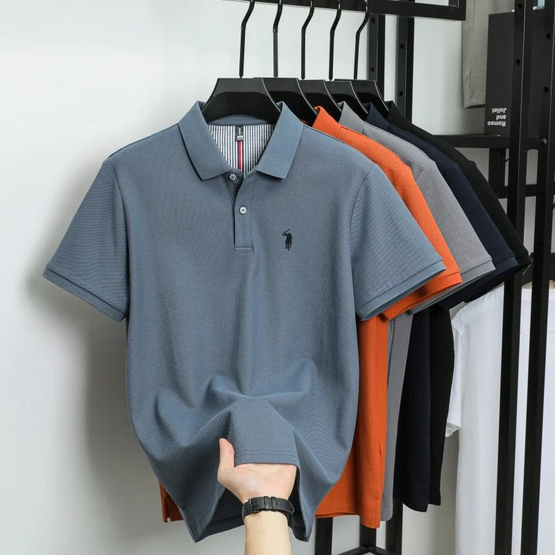 تي شيرت رجالي بأكمام قصيرة، 100% قطن خالص، مسامي، ماركة فاخرة راقية، مطرز، فضفاض، كاجوال، قميص بولو للأعمال، للصيف