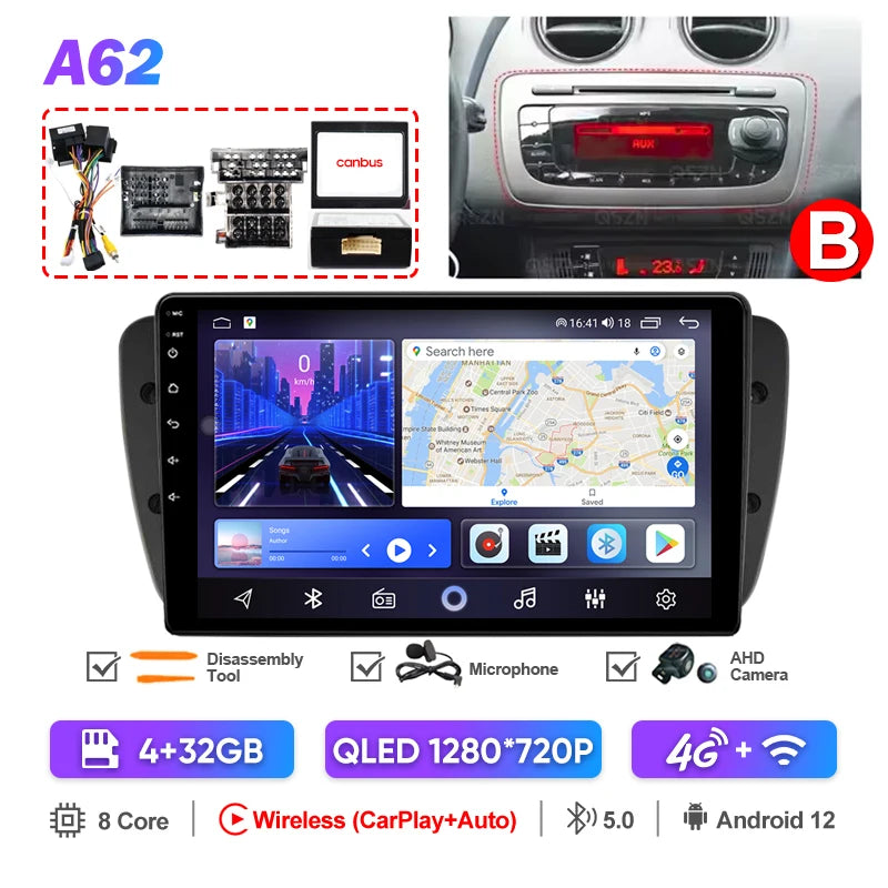Pour Seat Ibiza 2012 2013 2014 2015 Android Auto Carplay Radio voiture lecteur vidéo multimédia GPS Navigation QLED écran tactile 4G