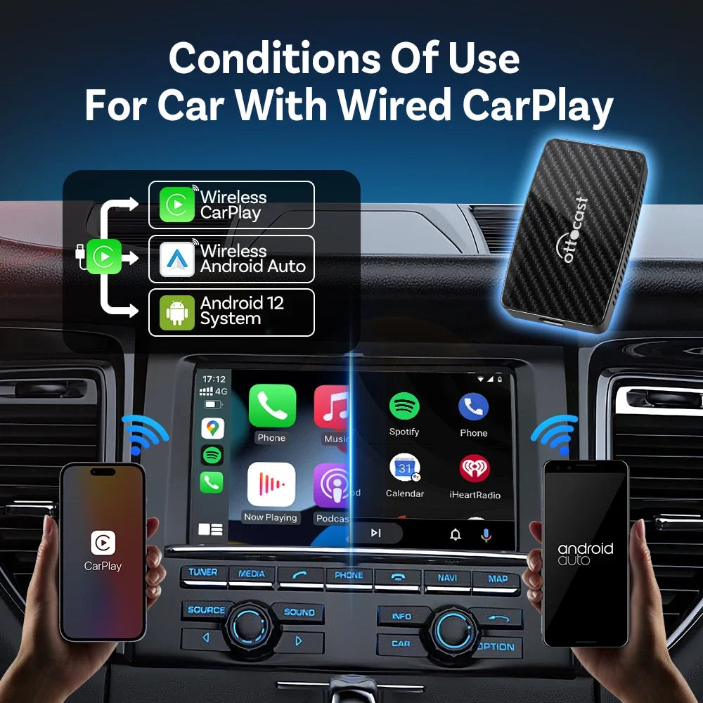 محول Ottocast Play2Video Pro Ai Box CarPlay Android Auto لاسلكي مدمج يوتيوب نتفليكس IPTV للسيارة مع CarPlay سلكي