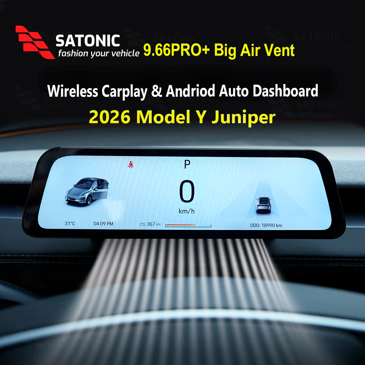SATONIC 9.66 ''modèle 3 Y Dasbhoard écran pour Tesla 2026 modèle Y Juniper Support sans fil Carplay et android changement de vitesse automatique