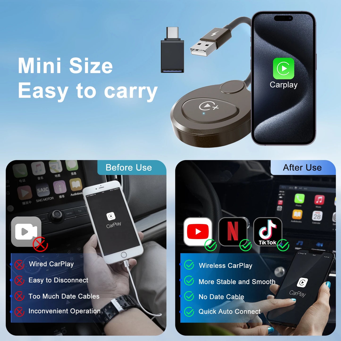 Adaptateur sans fil Carplay avec Youtube/Netflix/Tiktok, Dongle USB Carplay sans fil pour Carplay filaire en usine vers sans fil