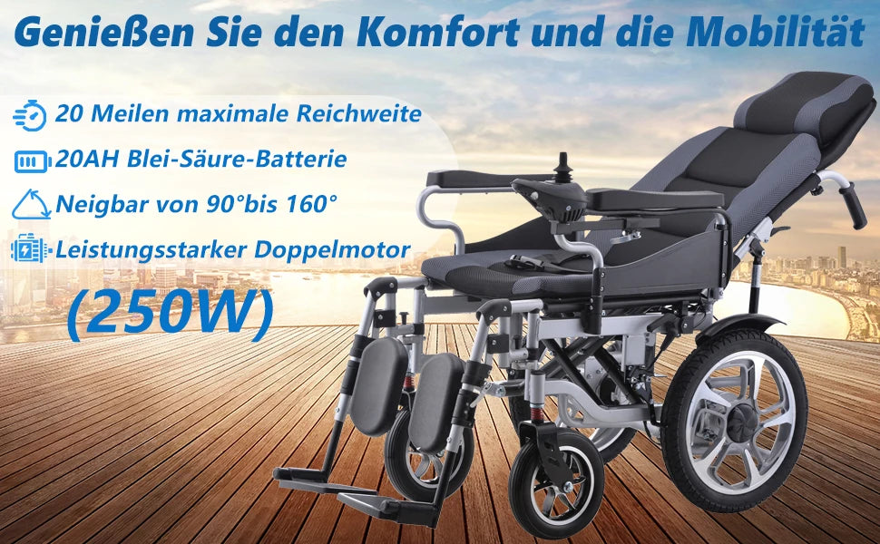 Fauteuil roulant électrique 500W, 20AH, pliable, inclinable, capacité de poids de 150KG, portée de 22KM, conception ergonomique