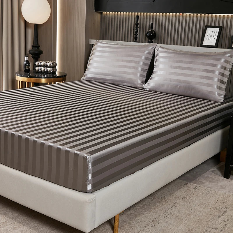 Satin-injFitted-طقم ملاءات سرير كوين، رمادي، ناعم، مبرد، جيب عميق، أطقم مفروشات، مخطط، سادة، غطاء مرتبة