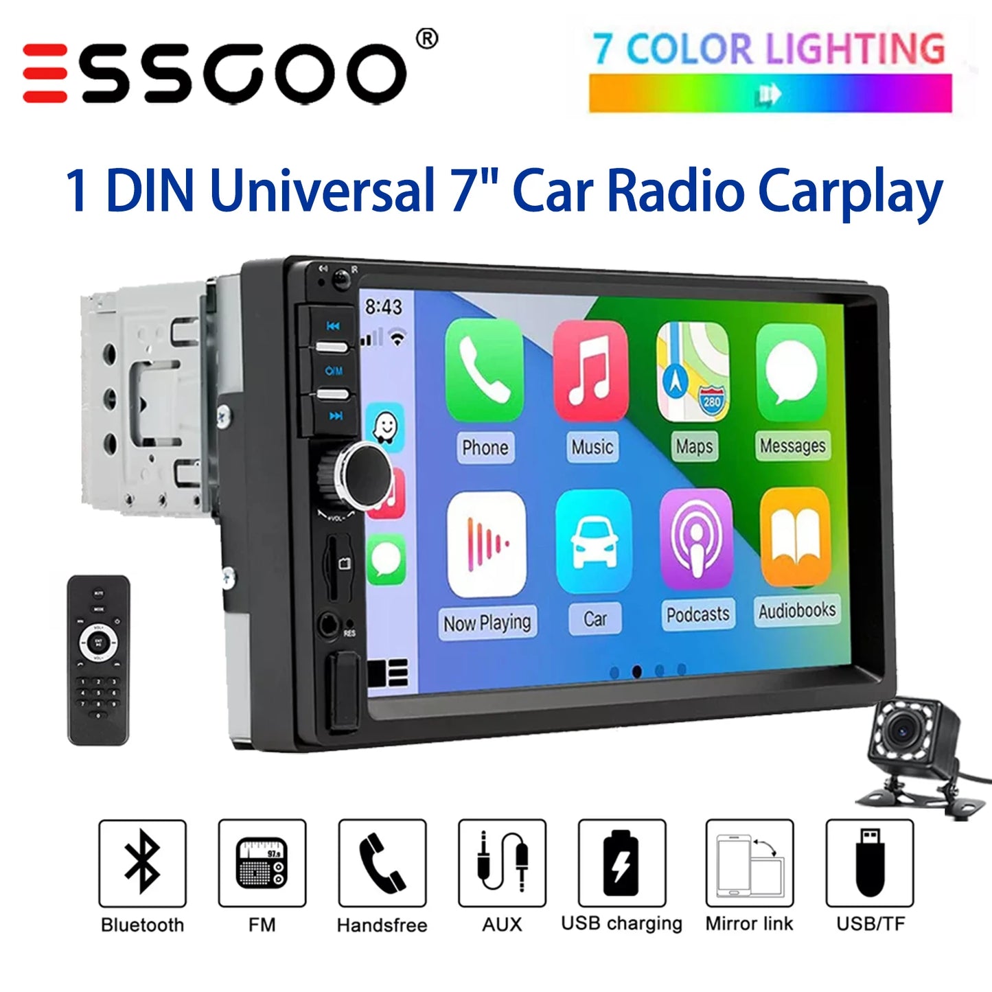 ESSGOO Carplay Android Auto 1 DIN 7 "Radio de voiture universelle BT TF EQ USB AUX TF USB HD lecteur multimédia à écran tactile avec 7 couleurs