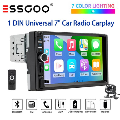 ESSGOO Carplay Android Auto 1 DIN 7 "Radio de voiture universelle BT TF EQ USB AUX TF USB HD lecteur multimédia à écran tactile avec 7 couleurs