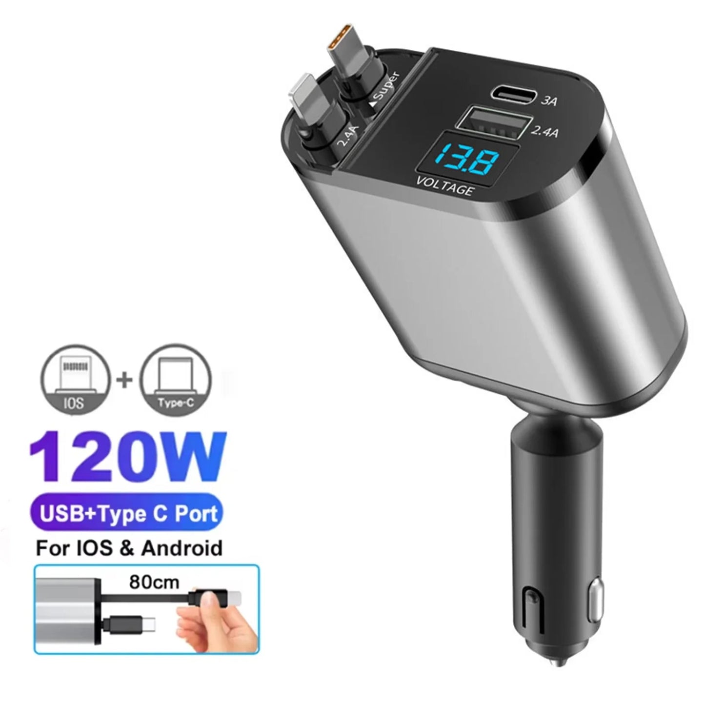 Chargeur de voiture rétractable 120W 4/5 en 1, câble USB C pour IPhone Huawei Samsung, cordon de Charge rapide, adaptateur allume-cigare PD QC3.0
