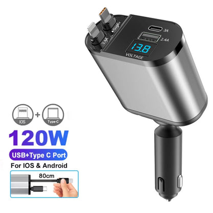 Chargeur de voiture rétractable 120W 4/5 en 1, câble USB C pour IPhone Huawei Samsung, cordon de Charge rapide, adaptateur allume-cigare PD QC3.0