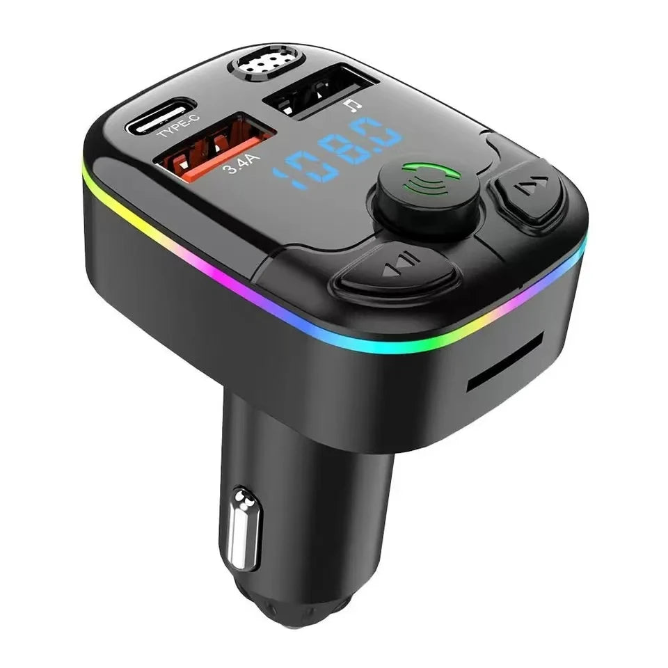 Chargeur de voiture transmetteur FM Bluetooth 5.0 PD type-c double USB lecteur ambiant mains libres chargeur MP3 type-c lumière sans fil