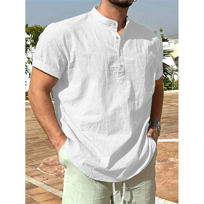 T-shirt col Henley pour hommes, en coton et lin, décontracté, respirant, léger, couleur unie, avec poches, à la mode, offre spéciale d'été