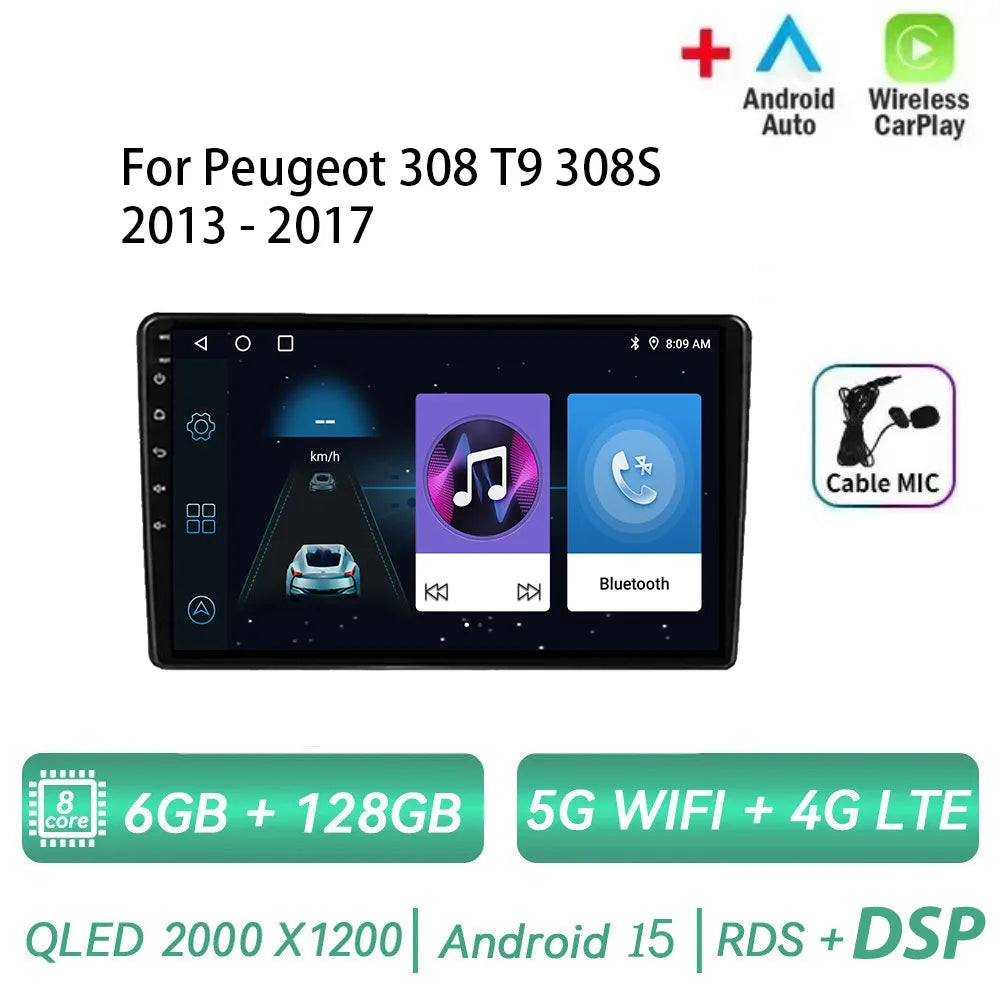 Android 15 pour Peugeot 308 T9 308S 2013 - 2017 Auto stéréo autoradio lecteur multimédia Navigation GPS 4G WIFI sans fil Carplay