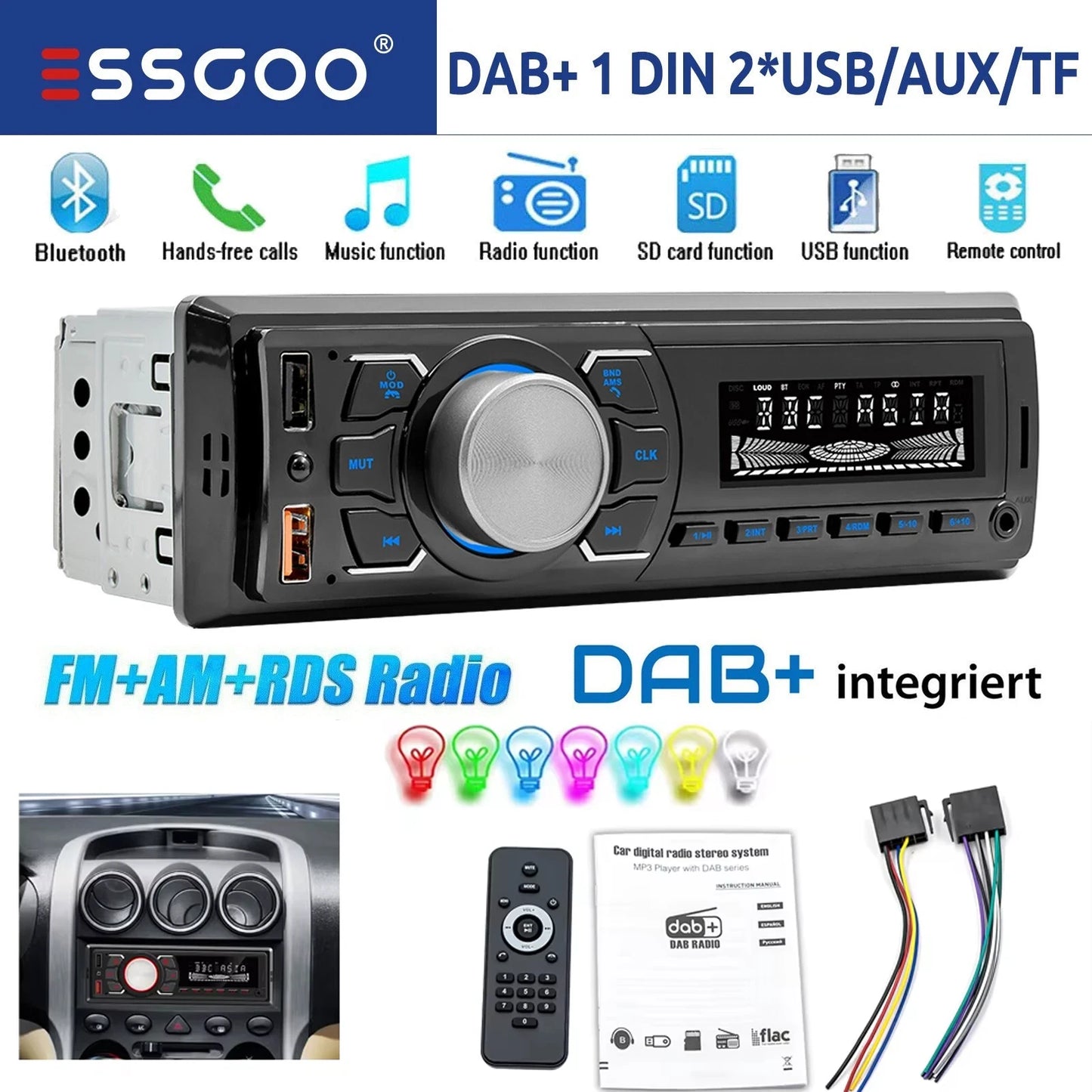 ESSGOO 1 DIN DAB + autoradio universelle RDS AM FM Double USB Bluetooth Freisprecheinrichtung SD AUX IN TF avec télécommande
