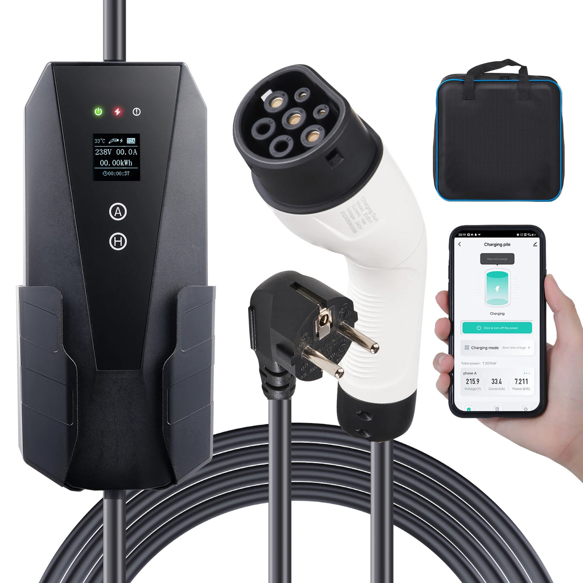 SucceBuy Chargeur EV portable Type 2 16A 3,68 kW + câble de chargement de 25 pieds, écran LCD à prise CEE 7/7 pour le chargement de voiture de véhicule électrique