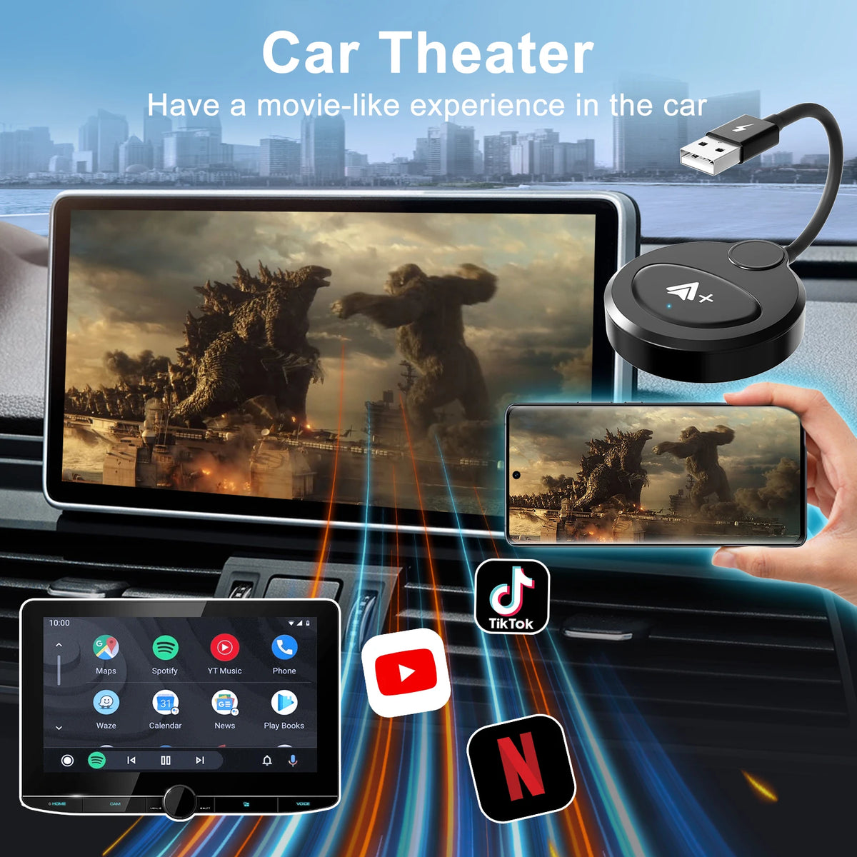Adaptateur vidéo sans fil Android Auto, Carplay, avec Netflix/YouTube/TikTok, pour voitures Android sans fil OEM