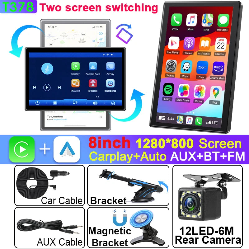 Écran de voiture rotatif Portable universel de 8 pouces, sans fil, Carplay, Android Auto et WIFI, lien miroir, caméra arrière de stationnement, stéréo AUX