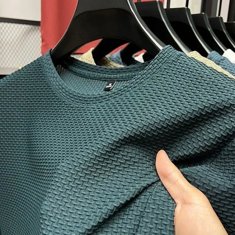 Été glace soie haut de gamme couleur unie haute qualité à manches courtes t-shirts hommes respirant mode T-Shirt mâle marque vêtements 4XL