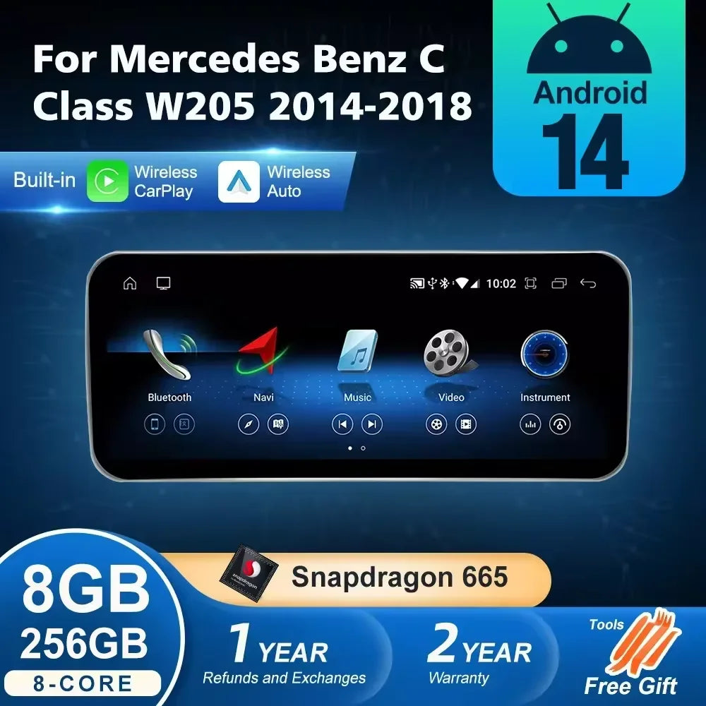Android 14 sans fil CarPlay pour Mercedes Benz classe C W205 écran Android Auto multimédia Navigation GPS SWC DSP 4G WiFi