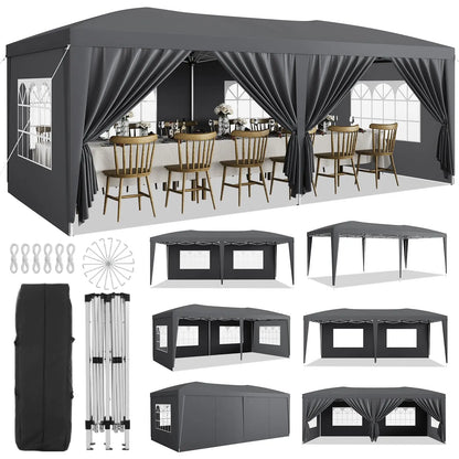 Tente de réception commerciale pliable 10x20, robuste, pour événements extérieurs, avec 6 parois latérales, imperméable, gazebo de fête et sac de transport