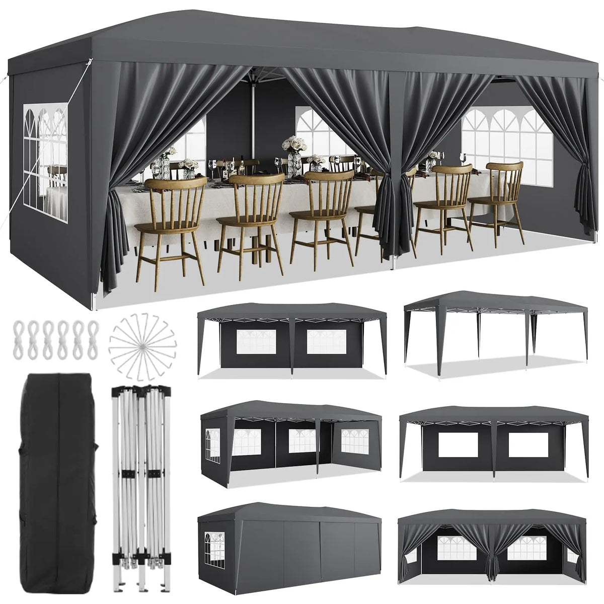 Tente de réception commerciale pliable 10x20, robuste, pour événements extérieurs, avec 6 parois latérales, imperméable, gazebo de fête et sac de transport