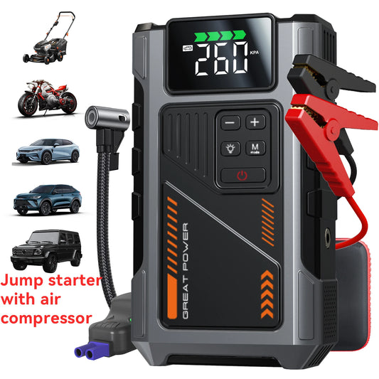Démarreur de saut de voiture Portable avec compresseur d'air, pointe 3000A (gaz 7,5 L, 6,5 L Diesel), batterie de démarreur de saut avec pneu 150 PSl Inf