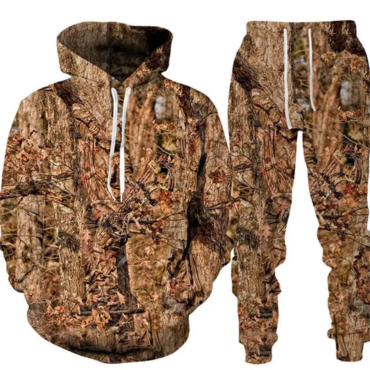 Ensemble deux pièces pour hommes, sweat-shirt à capuche et pantalon de survêtement, motif de branches et de feuilles mortes imprimées en 3D, automne et hiver