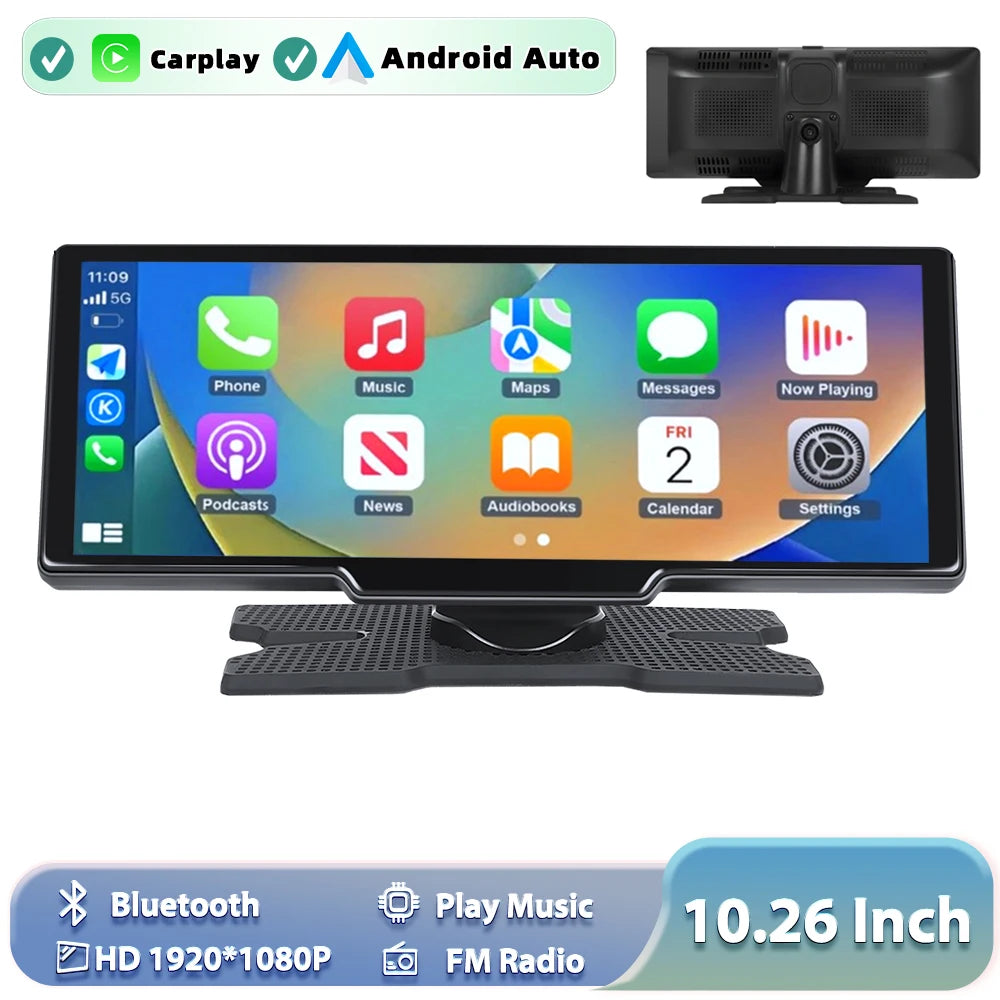 Podofo sans fil Carplay Portable tableau de bord numérique Android Auto 10.26 pouces lecteur intelligent avec commande vocale 1080P BT TF