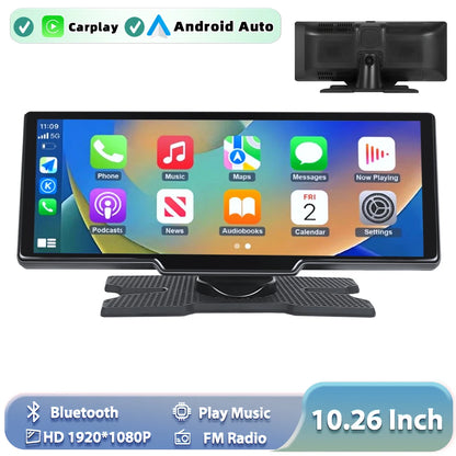 Podofo sans fil Carplay Portable tableau de bord numérique Android Auto 10.26 pouces lecteur intelligent avec commande vocale 1080P BT TF