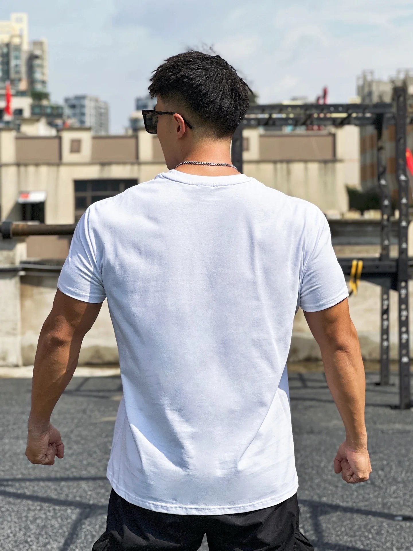 T-shirt de sport musculaire à manches courtes pour hommes, blanc, coton, fitness, basket-ball, course à pied, entraînement, élastique, automne