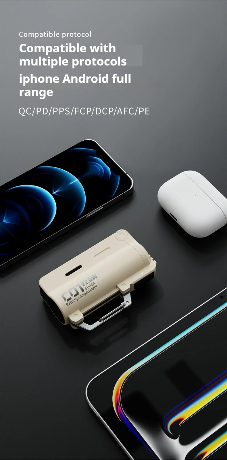 DOKIY C01 22.5W Super compartiment de batterie 5000mAh charge rapide chargeur Portable batterie externe de Camping en plein air avec boucle à crochet