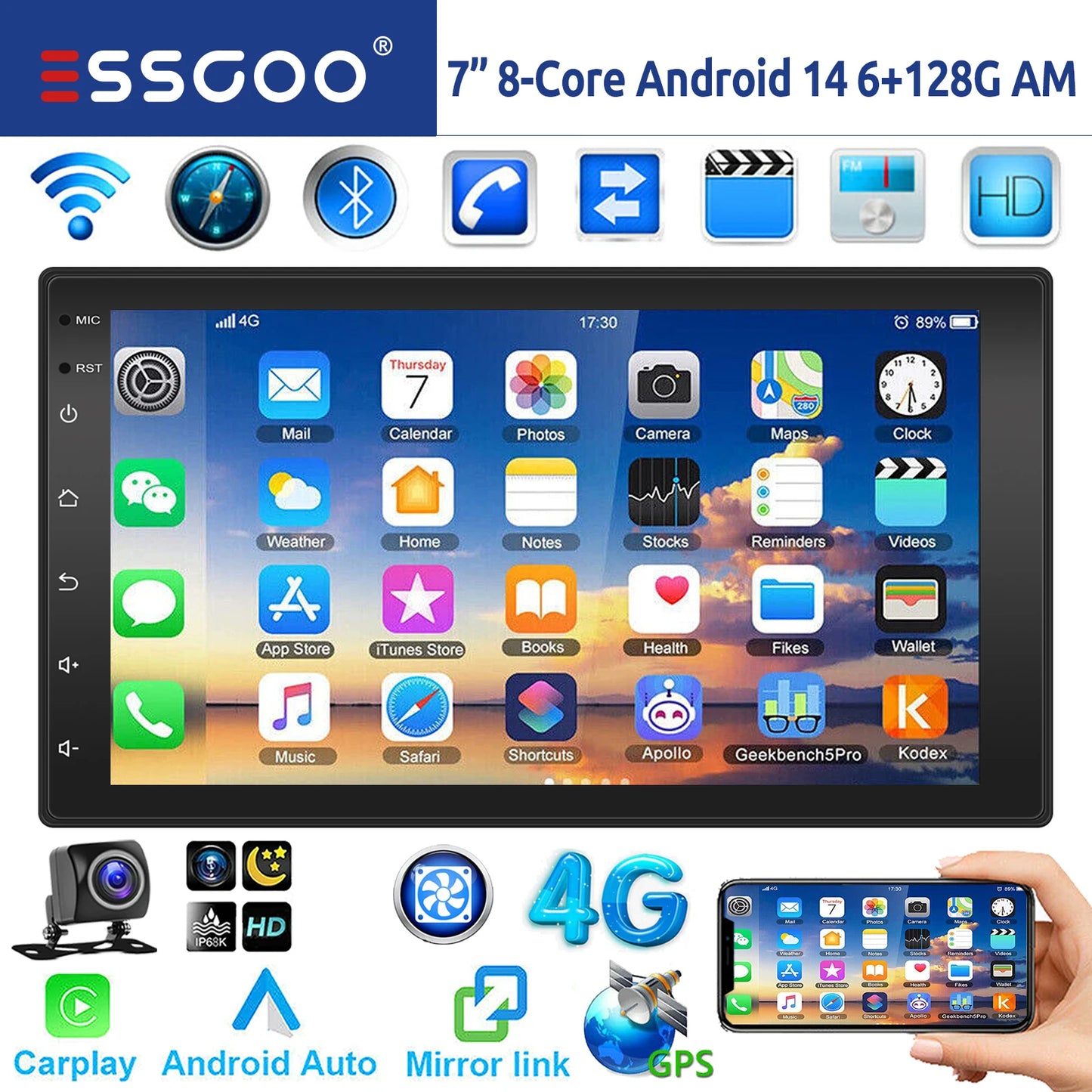 ESSGOO 7"/9"/10“ 2 DIN Android 14 8-Core 6+128G Autoradio Sans Fil Apple Carplay Android Auto GPS Navigation Bluetooth AM FM RDS WIFI Écran Tactile QLED 4G LTE USB Mirror Link Equalizer Commande au Volant