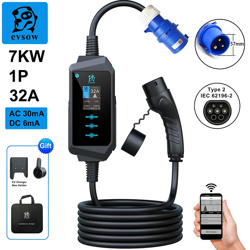 Evsow 7KW 11KW 22KW 32A3P EV chargeur Type2 IEC62196-2 chargeur de voiture électrique avec contrôle APP WIFI ajuster le courant et l'heure du chargeur de réglage