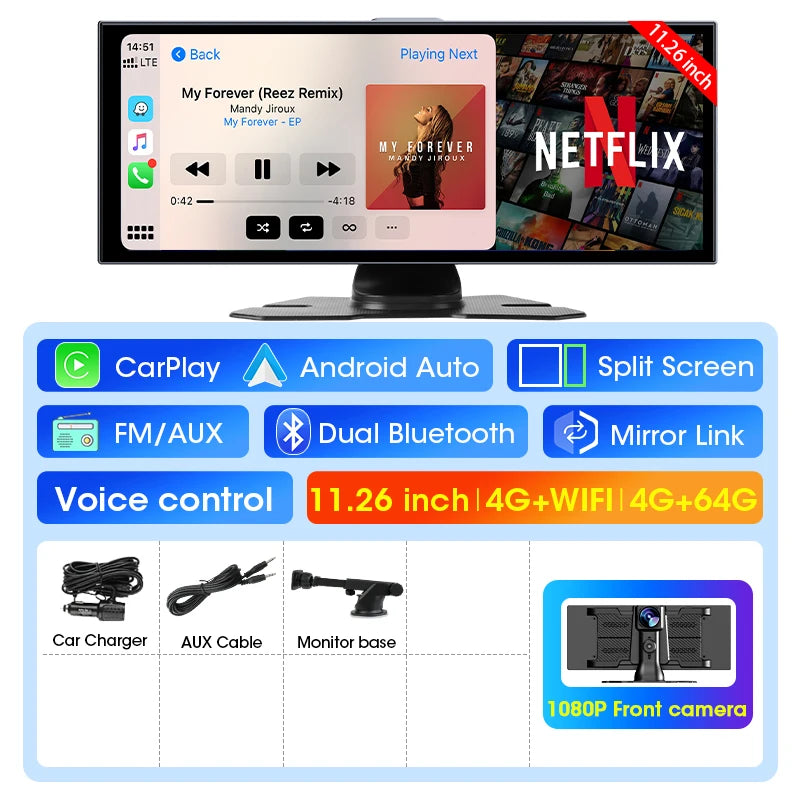 11.26 pouces Android 14 voiture DVR 4G + WIFI 8 cœurs 4G + 64G sans fil Carplay Android Auto Dashcam 1080P enregistrement prise en charge Youtube Netflix
