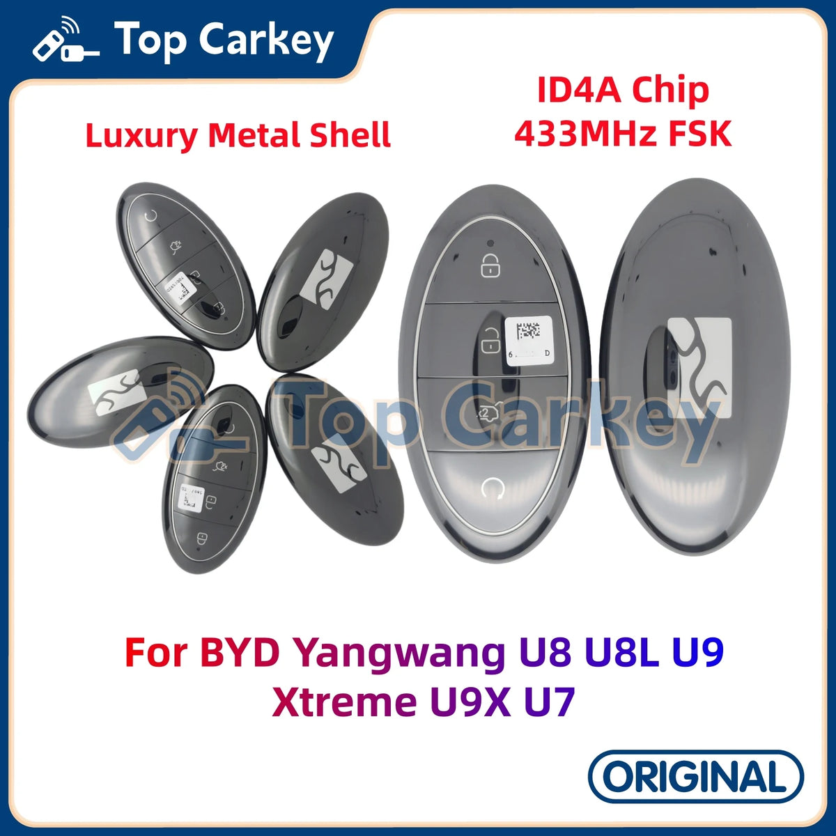 TopCarkey – clé télécommande intelligente originale, sans clé, puce Go ID4A, 433MHz, avec coque métallique, pour BYD Yangwang U8 U8L U9 Xtreme U9X U7