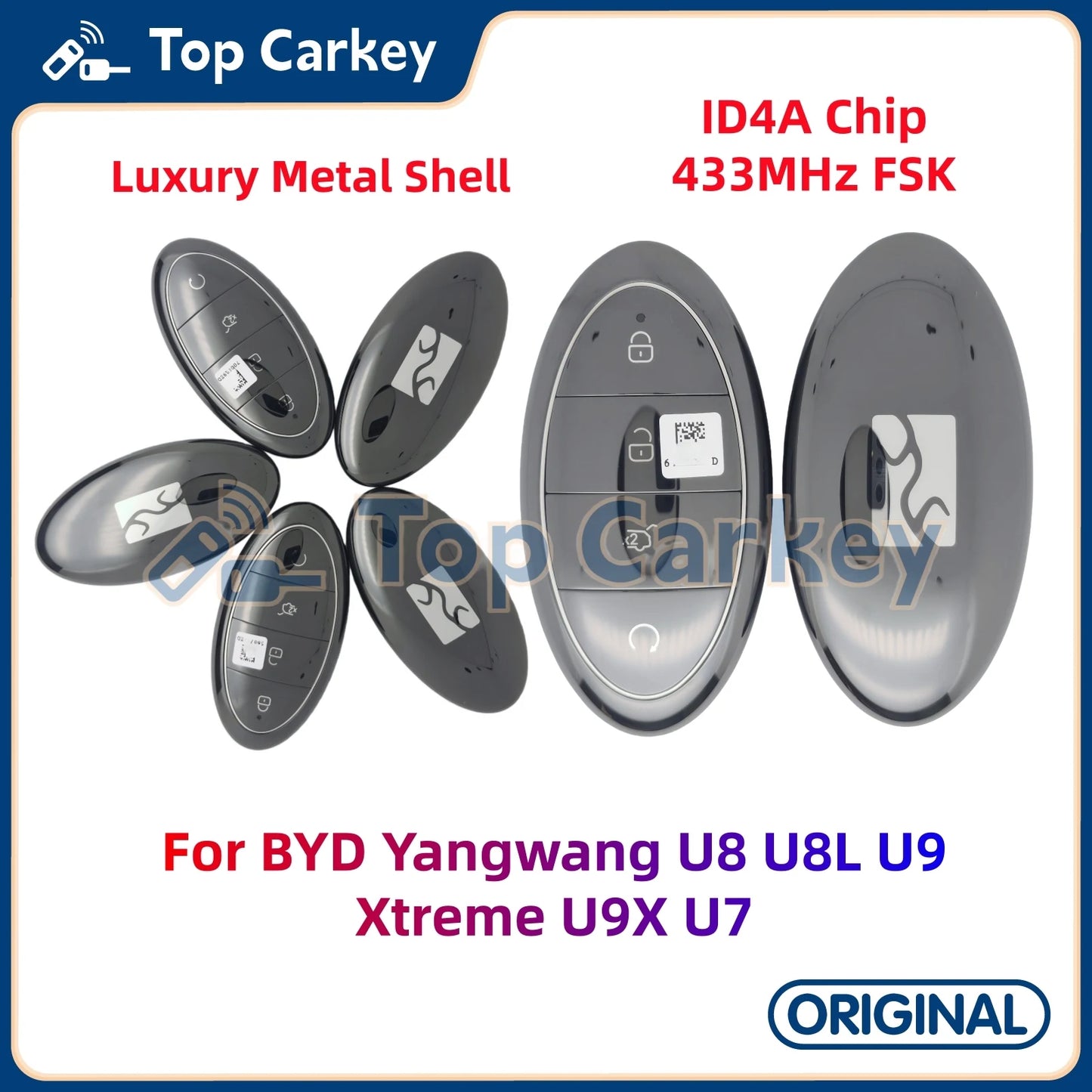 TopCarkey – clé télécommande intelligente originale, sans clé, puce Go ID4A, 433MHz, avec coque métallique, pour BYD Yangwang U8 U8L U9 Xtreme U9X U7