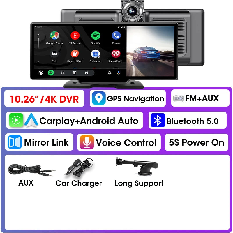Écran de lecture de voiture de 10.26 pouces, CarPlay sans fil et Android Auto Dash Cam caméra arrière multimédia stéréo, Radio FM AUX, écran tactile de voiture