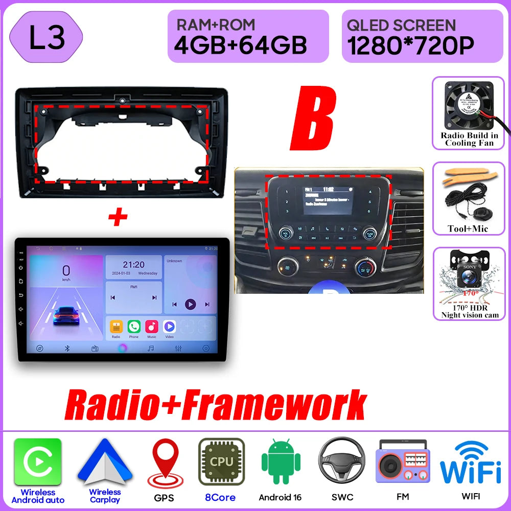 Autoradio Android 16 pour Ford Transit personnalisé Transit V363 350 lecteur multimédia Carplay Navigation GPS 4G Wifi vidéo stéréo 2din