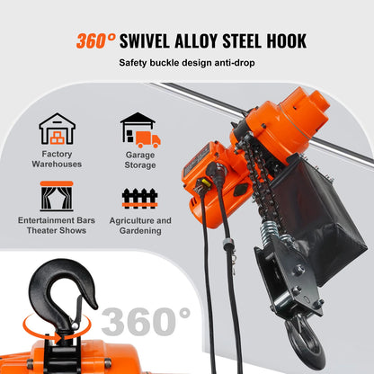VEVOR Palan électrique à chaîne, 998 kg, grue monophasé avec chaîne, 1000 W, hauteur de levage max 6 m, télécommande sans fil de 100 m et télécommande filaire de 4,5 m pour garage, atelier et maison
