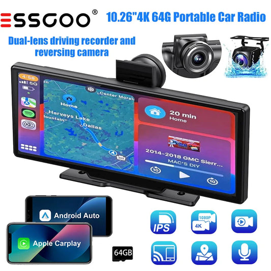Autoradio Portable 10.26" 4K 64G Écran Tactile Sans Fil Apple CarPlay Android Auto Caméra de Dashcam Bluetooth GPS Navigation WiFi Caméra de Recul Grand Angle AUX FM