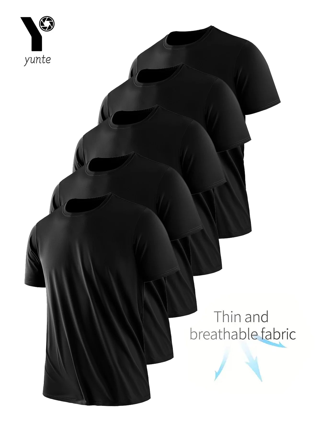 T-Shirt à Col Rond pour Homme, Noir Ultra observateur, vaccage Rapide, Respirant, Absorbant la Sueur, Adapté au Fitness Gym et Ru, 5 Pièces