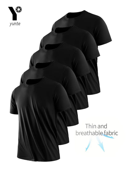 T-Shirt à Col Rond pour Homme, Noir Ultra observateur, vaccage Rapide, Respirant, Absorbant la Sueur, Adapté au Fitness Gym et Ru, 5 Pièces