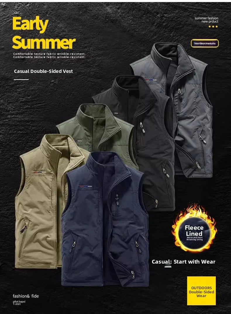 Gilet de sport d'extérieur en polaire épaisse pour homme, réversible, décontracté, coupe ample, fermeture éclair, couleur unie, automne-hiver
