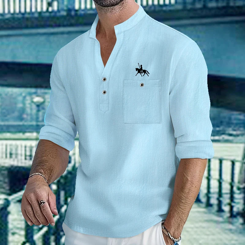 Chemises légères pour hommes, manches longues, en coton et lin, Henley, pour la plage, hawaïen, col en v, polo respirant