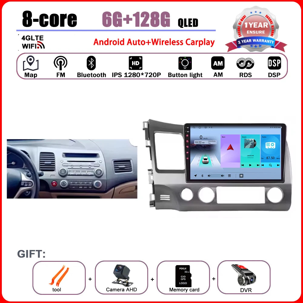 Android 15 Carplay autoradio pour Honda Civic 8 2005 - 2012 lecteur multimédia Navigation GPS 4G Audio No 2 Din 2 Din DVD